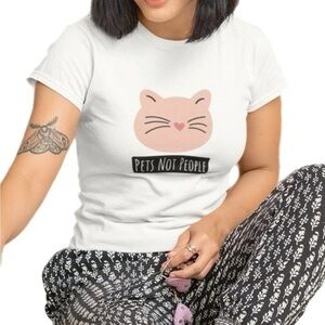 White Graphic Print Shirt Sleeve T Cat Face ‘Pets Not People’ Original Design